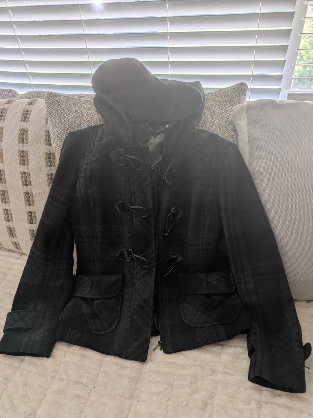 Guess Black Plaid Toggle Hooded Pea Coat